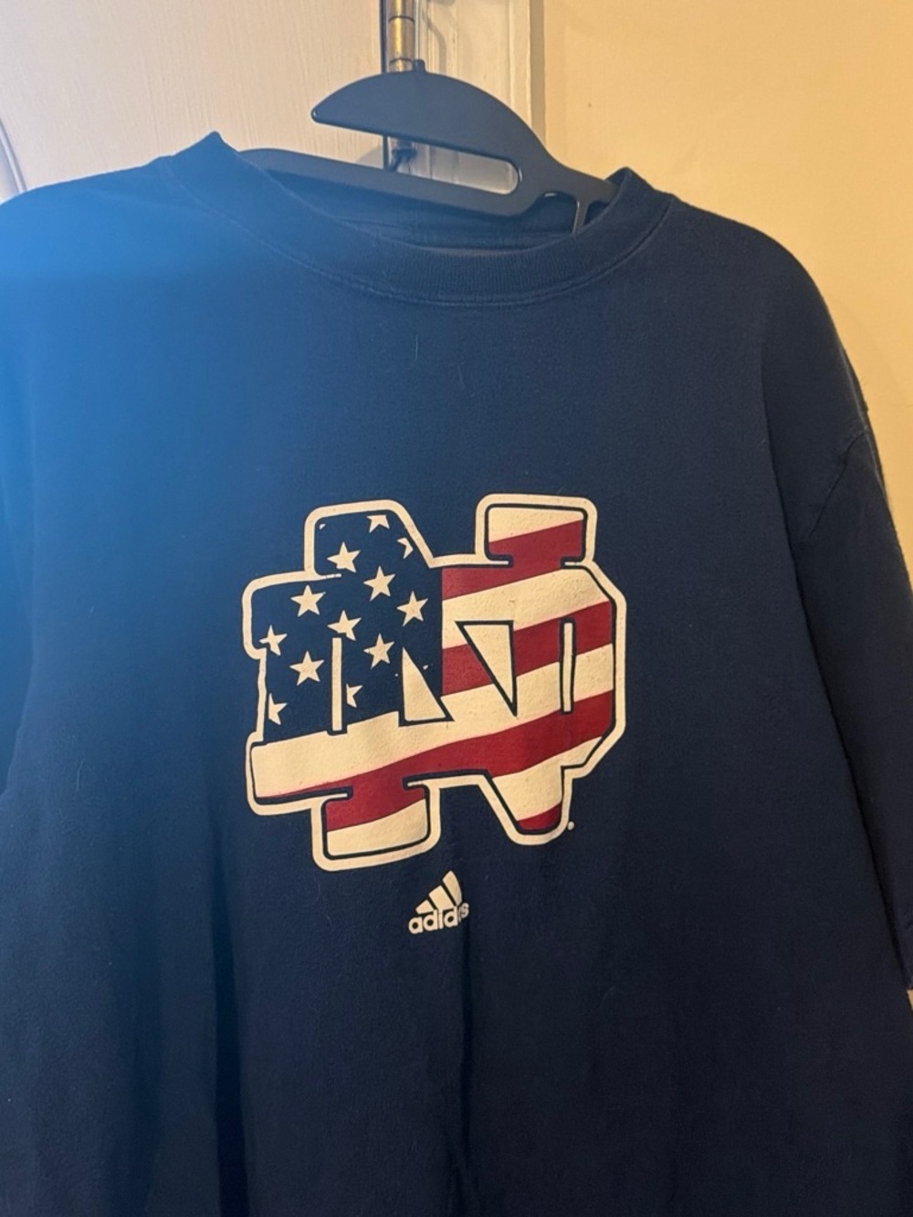 adidas Navy Sweatshirt with American Flag Logo.  Notre Dame